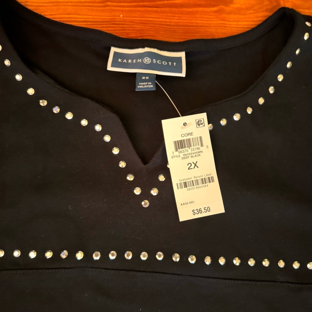 Karen Scott 3/4-Sleeve Embellished Boat Neck Tunic Top Size 2X NWT Black - Picture 9 of 13